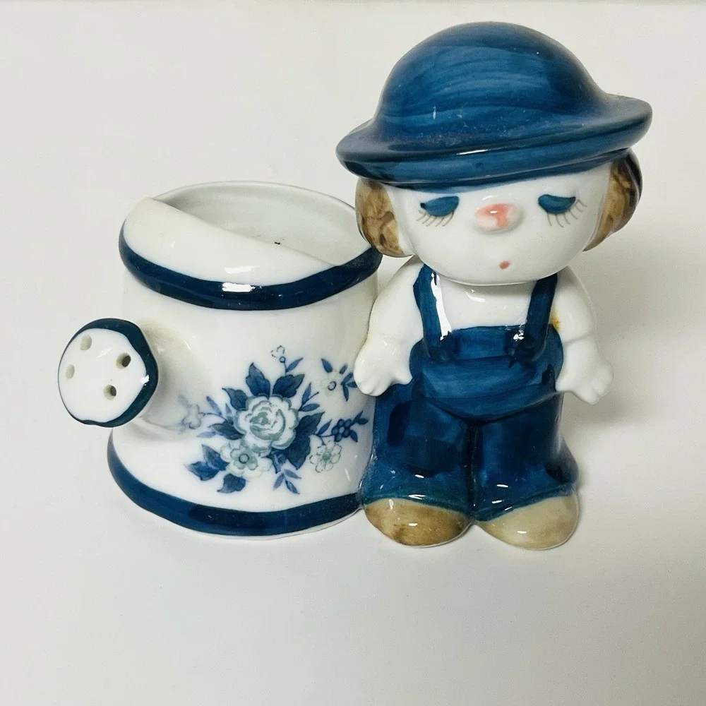 Vintage Boy In Blue Hat & Suspenders w/ Watering Can Miniature Planter Vase